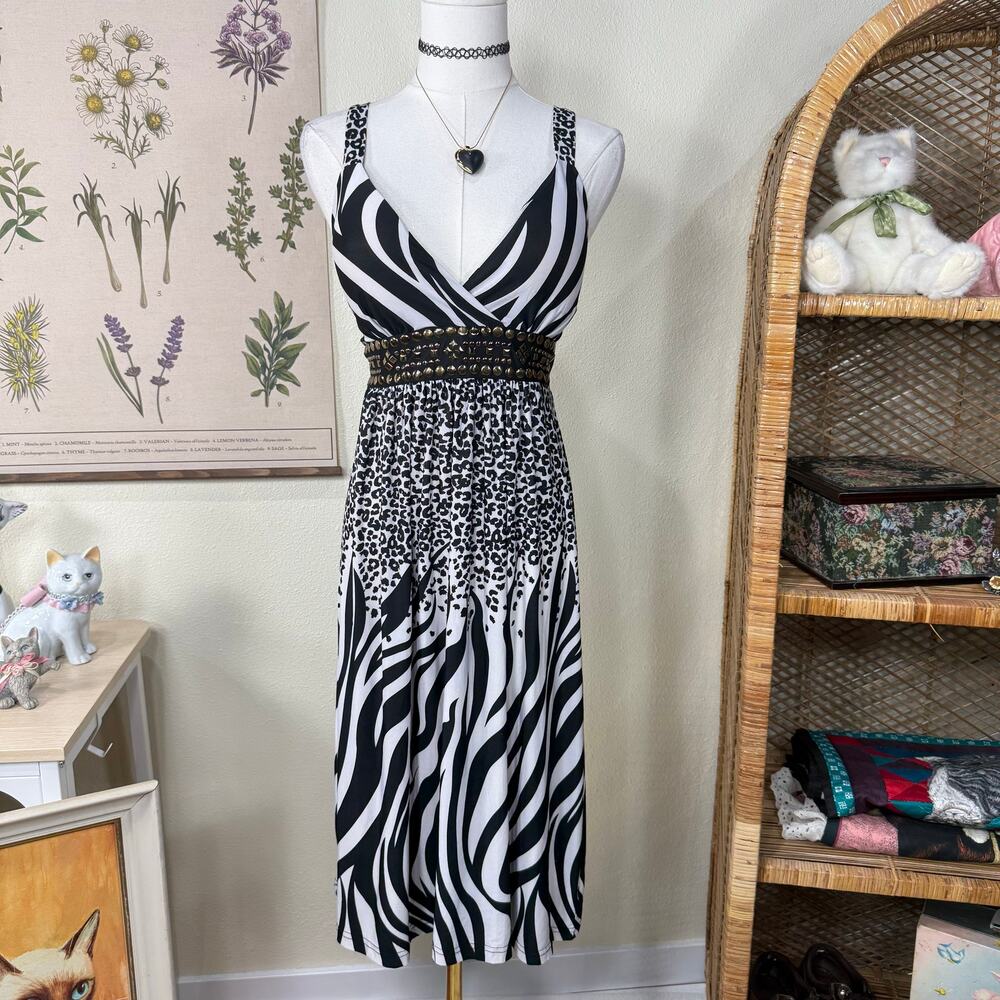 Vintage 90s Y2k Zebra Leopard Studed Babydoll Dress McBling Trashy Gyaru Bimbo S
